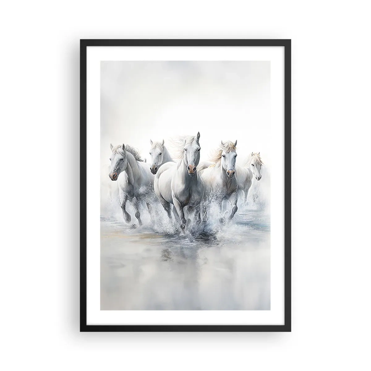 Poster în ramă neagră - Cai albi galopând prin apă într-un cadru dinamic - 50x70cm - Magie albă - Decorațiune modernă pentru perete pentru living și dormitor ARTTOR
