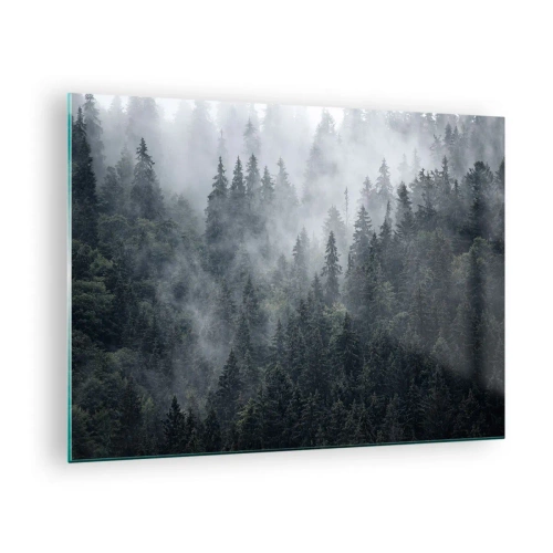 Tablou pe sticlă - Ceață plutind peste pădurea densă de conifere dimineața - 70x50cm - Zori de pădure - Decorațiune modernă pentru perete pentru living și dormitor ARTTOR