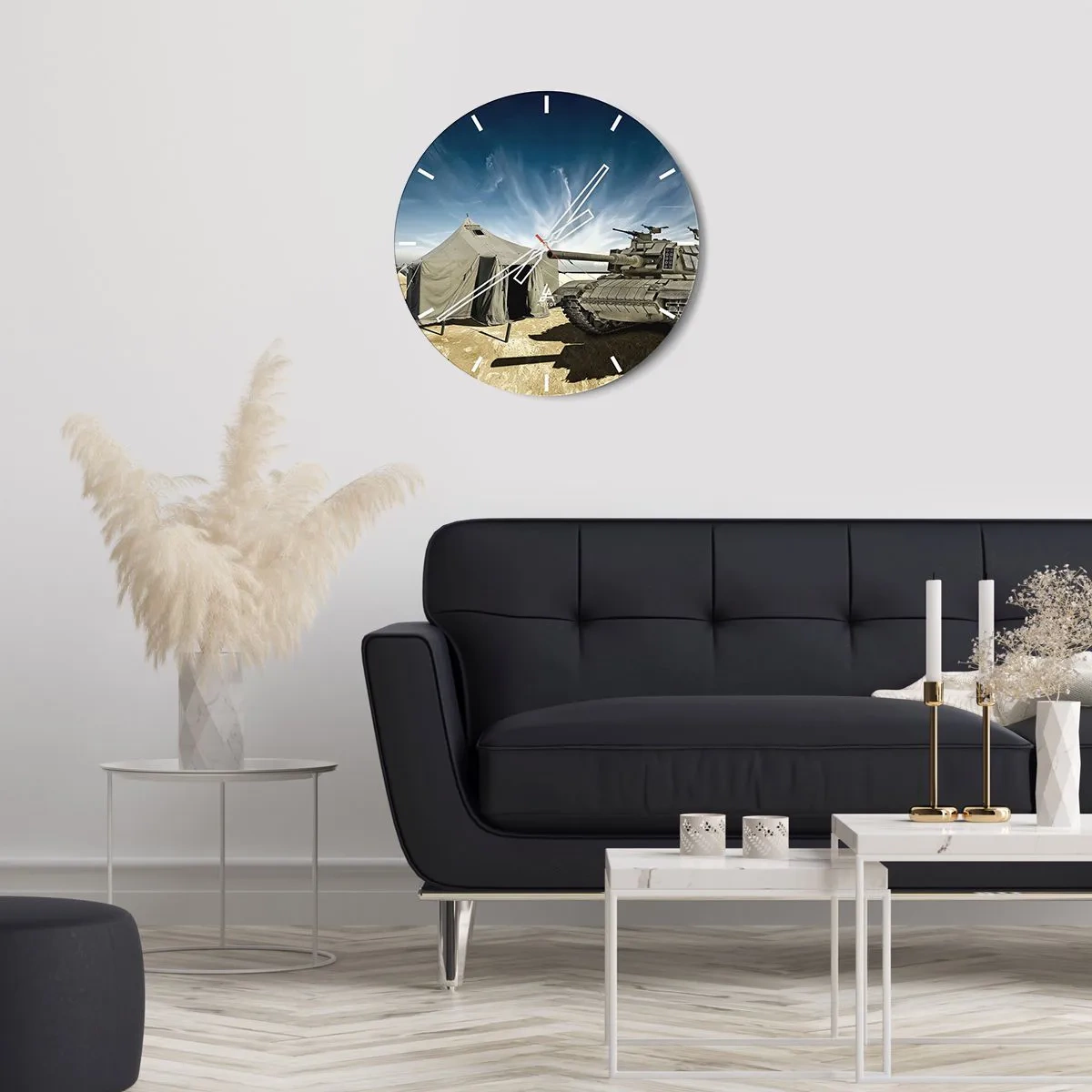 Ceas de perete - Ceas pe sticlă - Un tanc și un cort pe un cer albastru - 30x30cm - Un vis militar - Decorațiune modernă pentru perete pentru living, bucătărie și dormitor ARTTOR