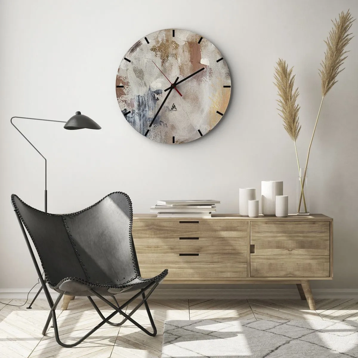 Ceas de perete - Ceas pe sticlă - Abstracție bej și maro cu tușe delicate de vopsea - 30x30cm - Abstracție cețoasă - Decorațiune modernă pentru perete pentru living, bucătărie și dormitor ARTTOR