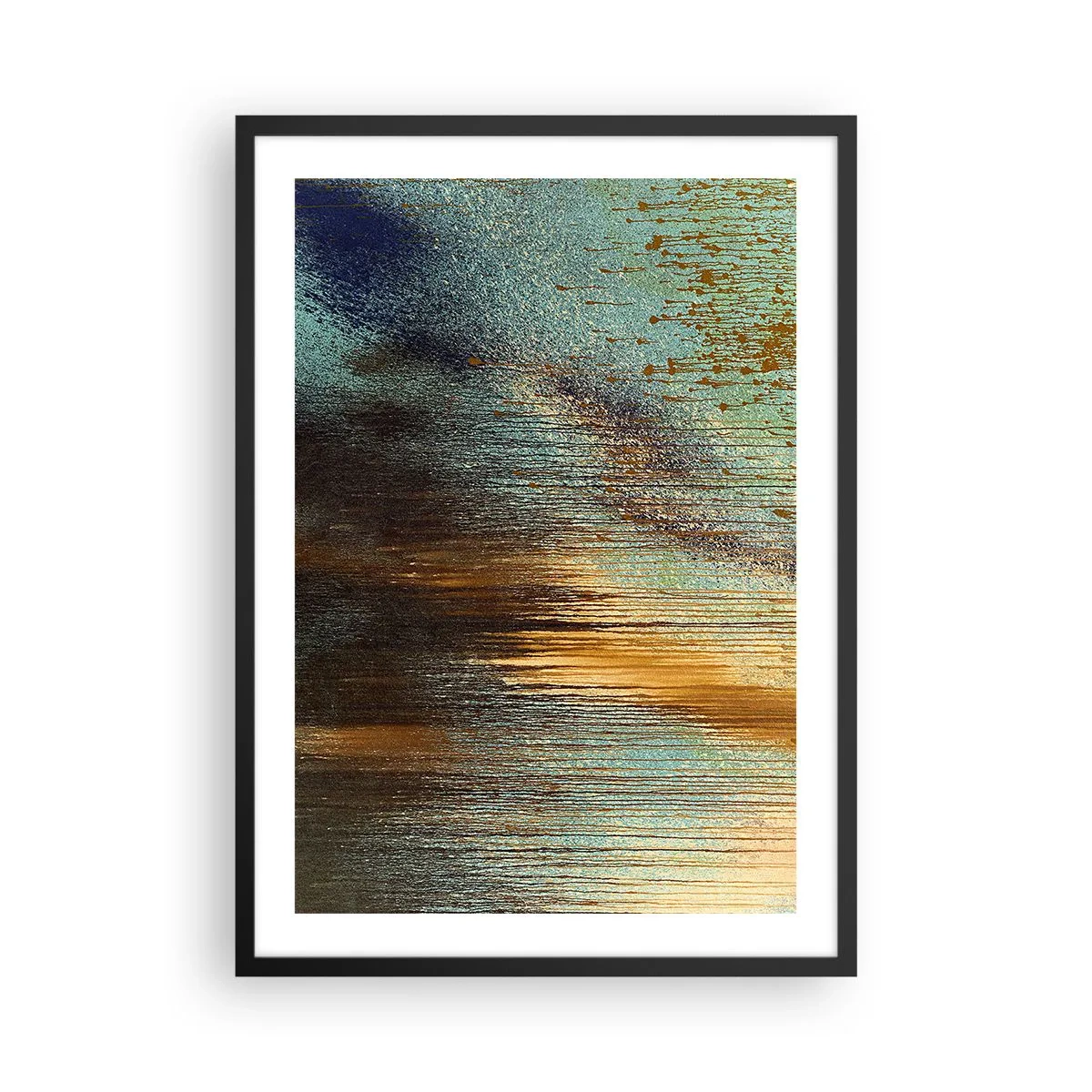Poster în ramă neagră - O compoziție abstractă din tușe de vopsea aurie și albastră. - 50x70cm - O compoziție cromatică neaccidentală - Decorațiune modernă pentru perete pentru living și dormitor ARTTOR