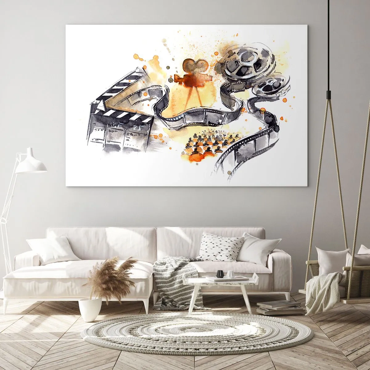 Tablou pe sticlă - Bandă de film și cameră într-o compoziție artistică - 70x50cm - În țara viselor - Decorațiune modernă pentru perete pentru living și dormitor ARTTOR