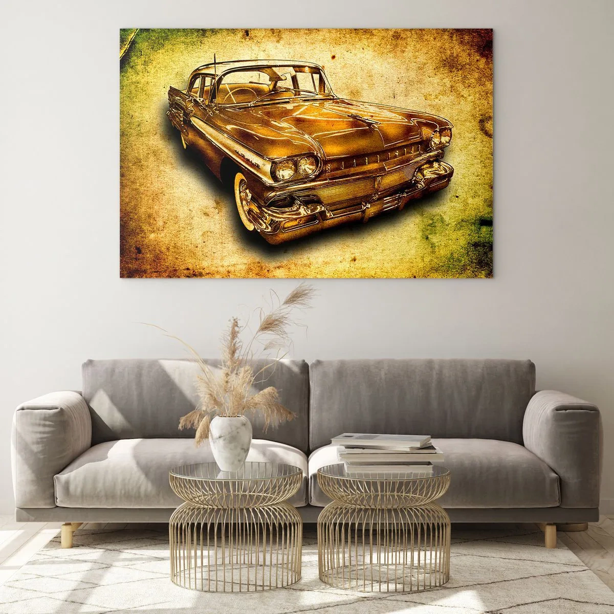 Tablou pe sticlă - O mașină de epocă cu un fundal vintage - 70x50cm - Frumusețea eternă a clasicilor - Decorațiune modernă pentru perete pentru living și dormitor ARTTOR