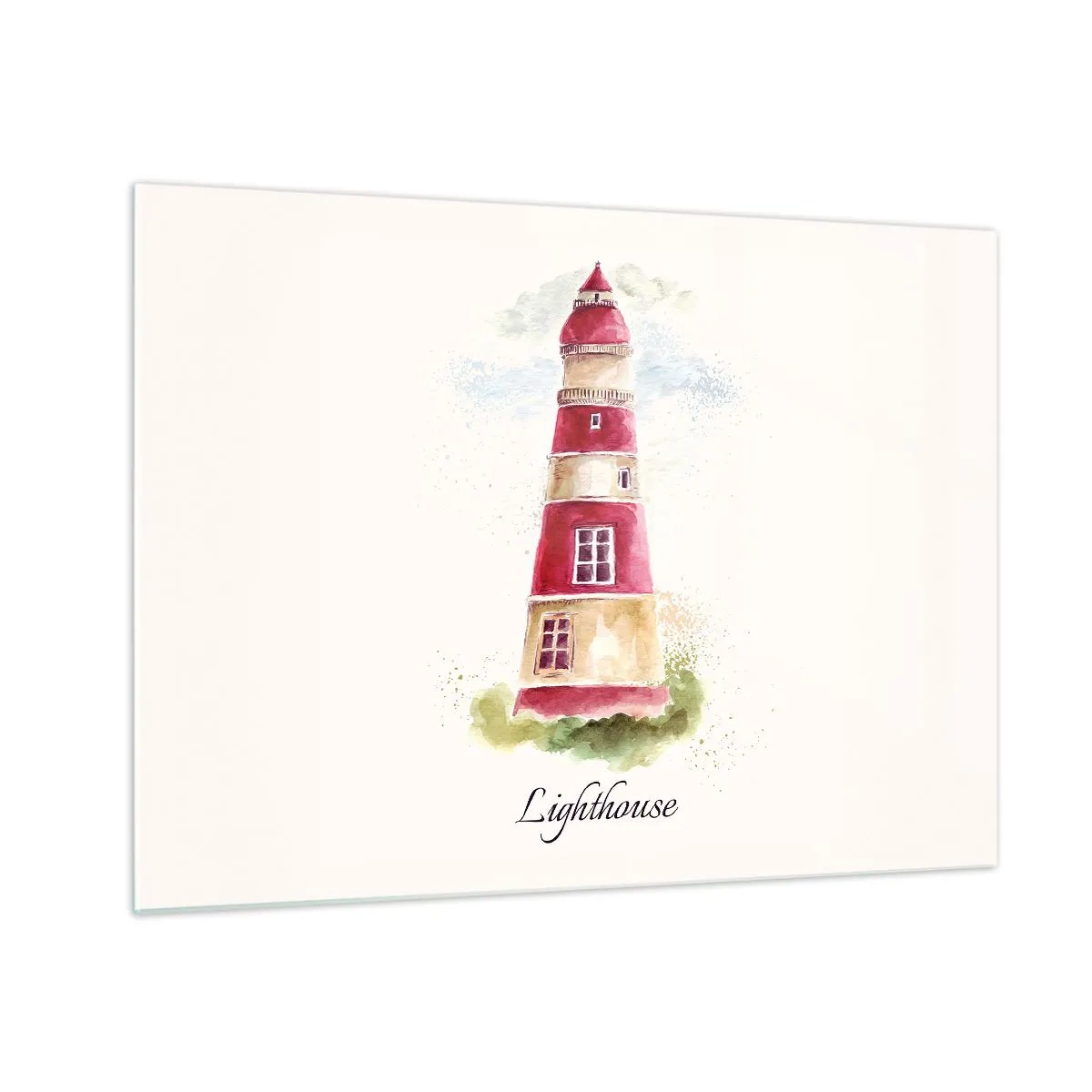 Tablou pe sticlă - Far în acuarelă cu inscripția Far - 70x50cm - Întotdeauna vreme bună - Decorațiune modernă pentru perete pentru living și dormitor ARTTOR