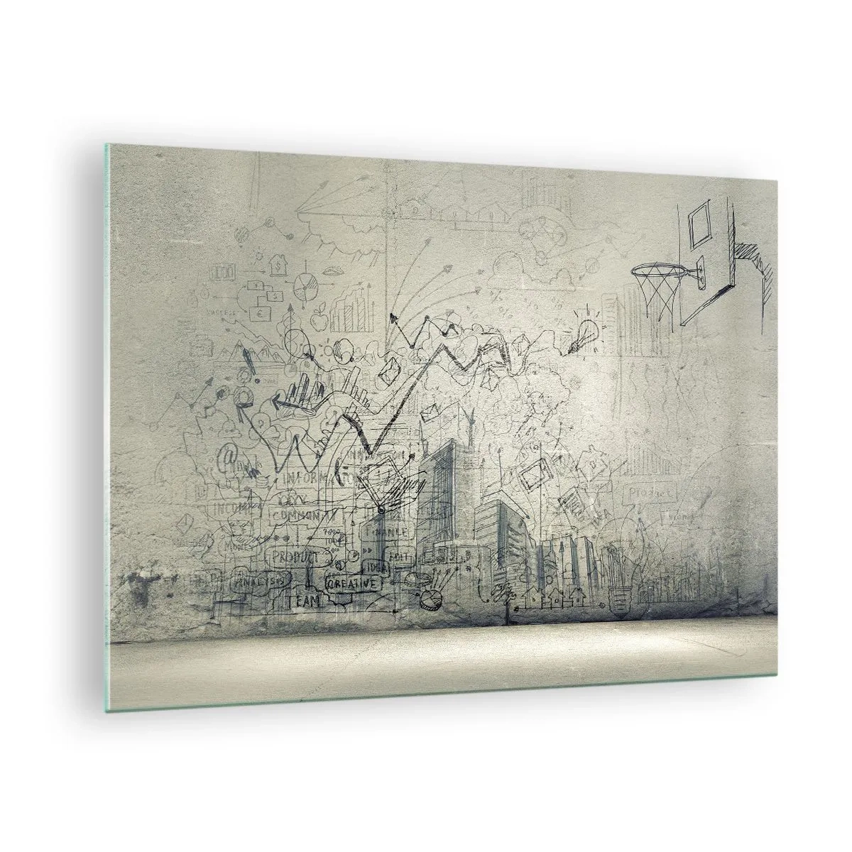 Tablou pe sticlă - Schiță grafică cu elemente de afaceri și creative - 70x50cm - Minunata mea viață de oraș - Decorațiune modernă pentru perete pentru living și dormitor ARTTOR