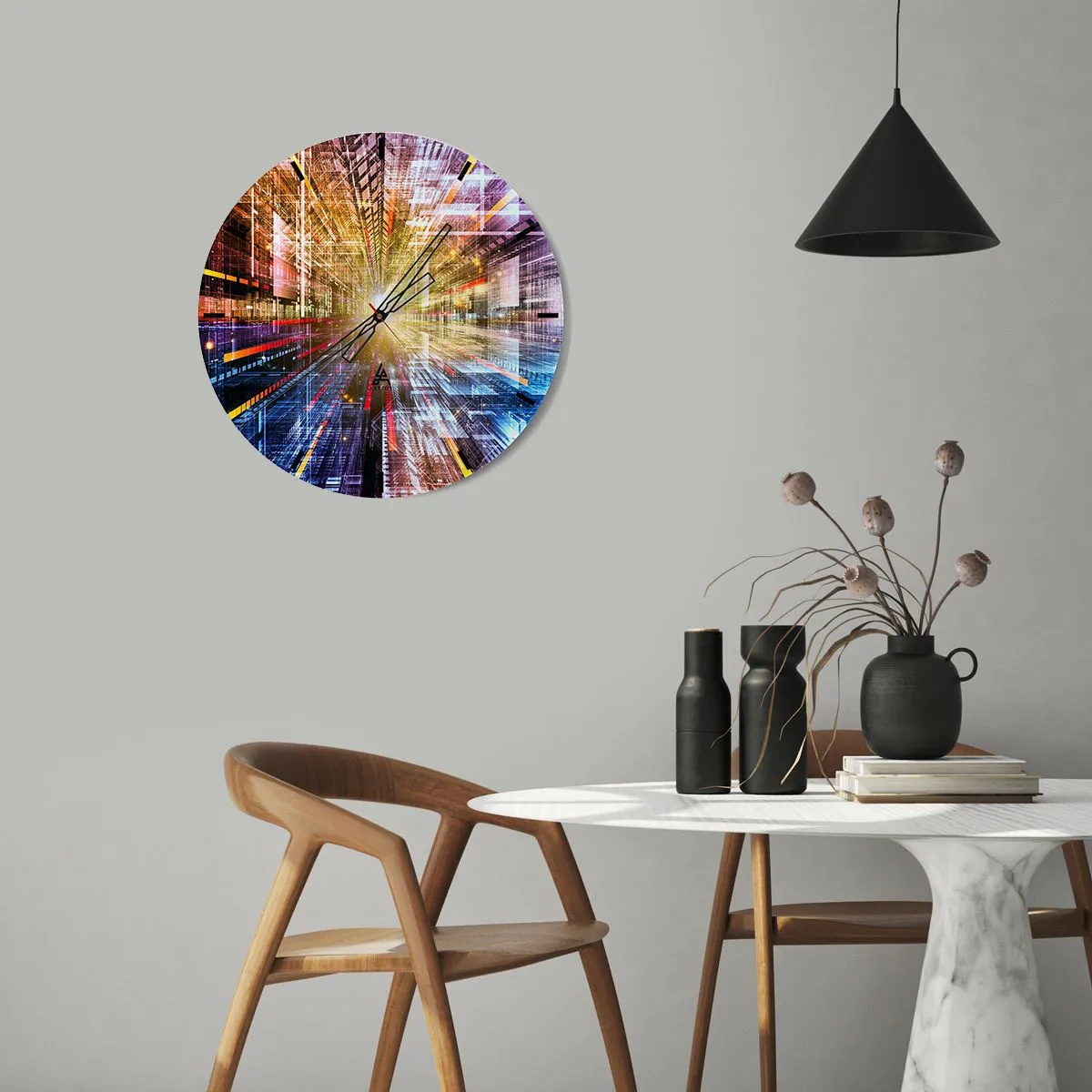 Ceas de perete - Ceas pe sticlă - O viziune abstractă a orașului cu efecte de lumină și culori - 30x30cm - Coridor luminos - Decorațiune modernă pentru perete pentru living, bucătărie și dormitor ARTTOR