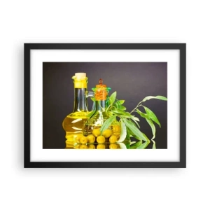 Poster în ramă neagră - Natură moarte cu măsline și ulei - 40x30 cm