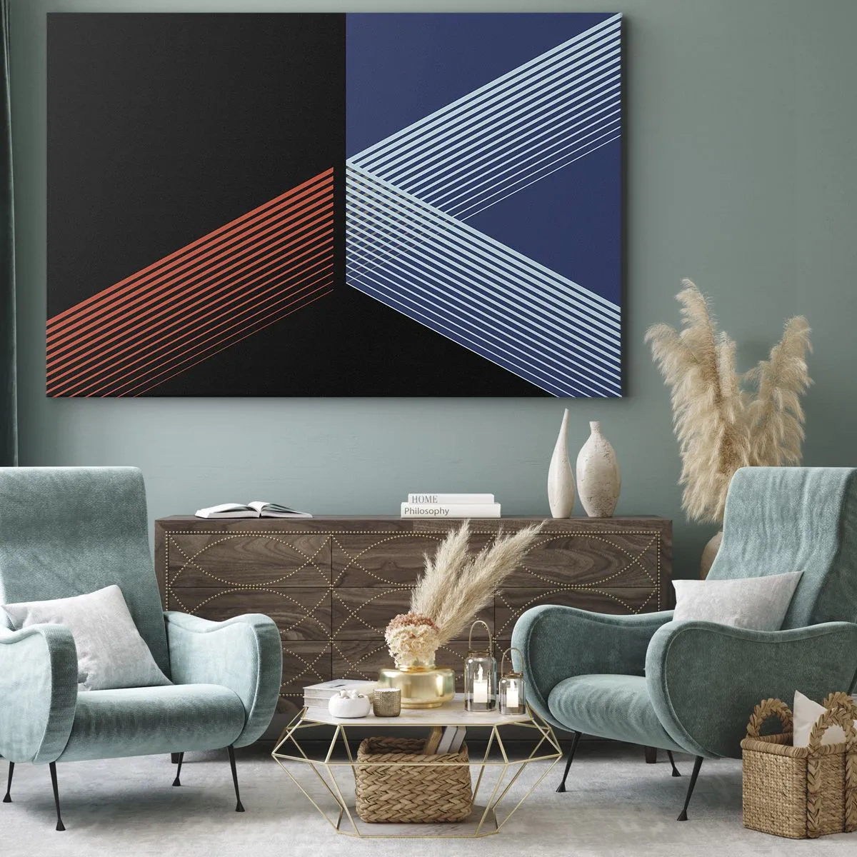 Tablou pe pânză Canvas - Linii geometrice în nuanțe de roșu și albastru - 70x50cm - O poveste simplă - Decorațiune modernă pentru perete pentru living și dormitor ARTTOR