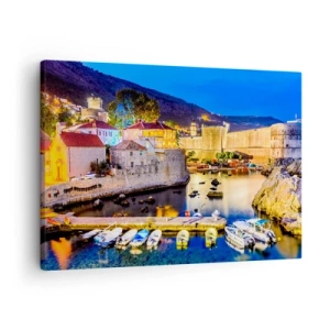 Tablou pe pânză Canvas - Un port pitoresc noaptea, cu clădiri iluminate - 70x50cm - O noapte luminoasă pe Marea Adriatică - Decorațiune modernă pentru perete pentru living și dormitor ARTTOR