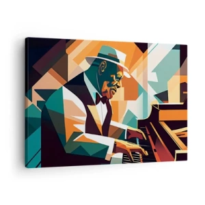 Tablou pe pânză Canvas - Muzician abstract cântând la pian în culori calde. - 70x50cm - Numai jazz - Decorațiune modernă pentru perete pentru living și dormitor ARTTOR