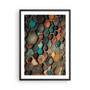 Poster în ramă neagră - O compoziție geometrică de hexagoane într-o paletă de auriu și turcoaz. - 50x70cm - Ornamente arabe - o variație - Decorațiune modernă pentru perete pentru living și dormitor ARTTOR