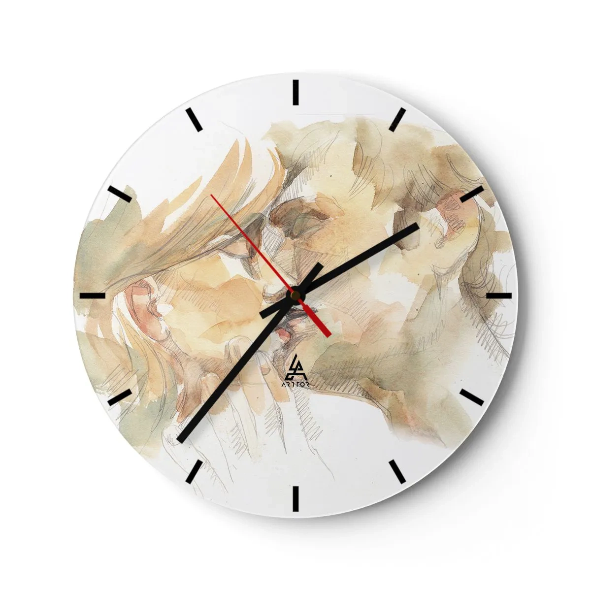 Ceas de perete - Ceas pe sticlă - Un portret în acuarelă în nuanțe pastelate al unui cuplu care se sărută - 30x30cm - Jumătatea găsită? - Decorațiune modernă pentru perete pentru living, bucătărie și dormitor ARTTOR