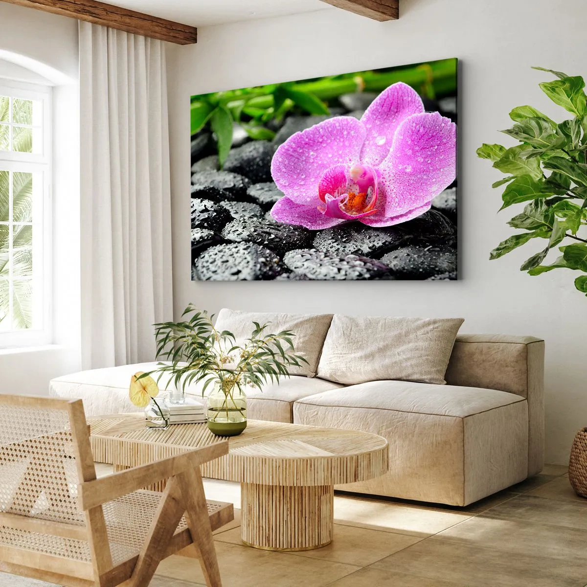 Tablou pe pânză Canvas - Orhidee roz pe pietre negre ude cu frunze verzi - 70x50cm - Ca o inimă deschisă - Decorațiune modernă pentru perete pentru living și dormitor ARTTOR