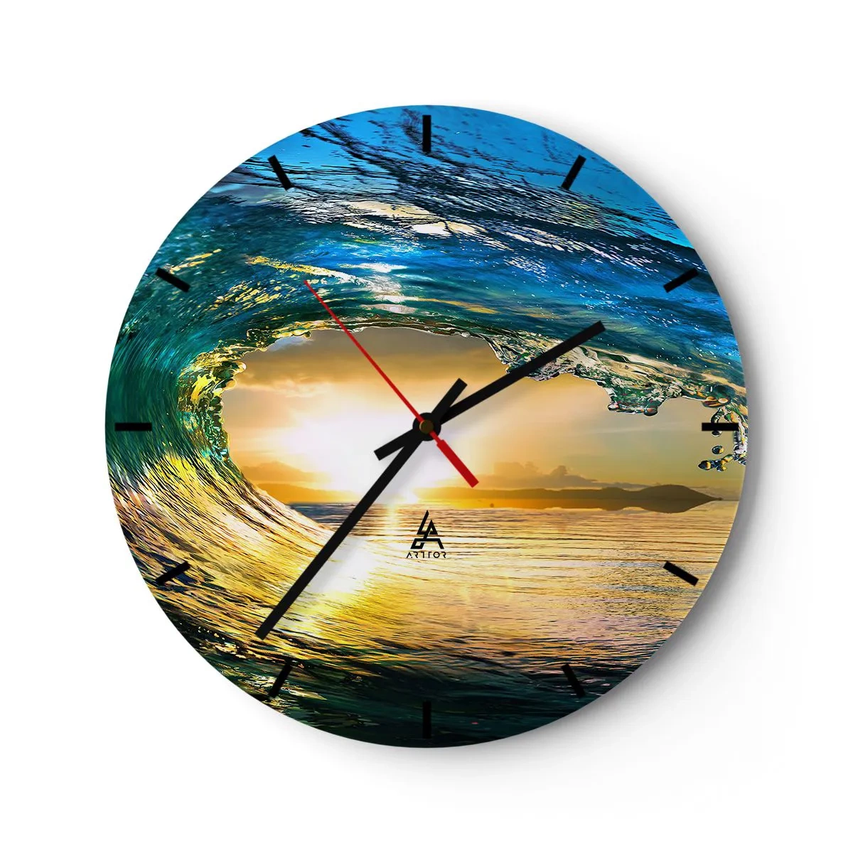 Ceas de perete - Ceas pe sticlă - Valul mării în lumina soarelui care apune - 30x30cm - În cristal de aur și smarald - Decorațiune modernă pentru perete pentru living, bucătărie și dormitor ARTTOR