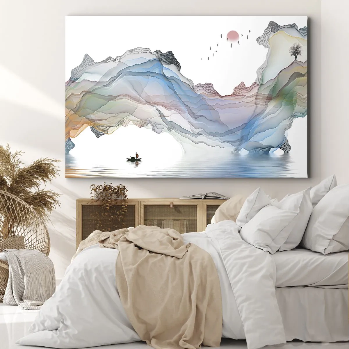 Tablou pe pânză Canvas - Un peisaj subtil cu munți, apă și o barcă - 70x50cm - Spre munții de cristal - Decorațiune modernă pentru perete pentru living și dormitor ARTTOR