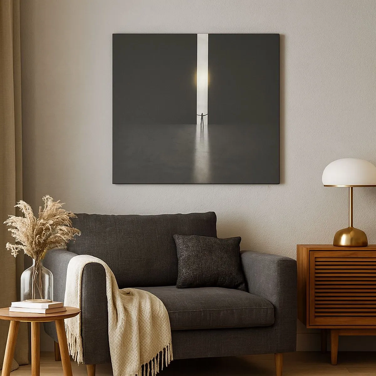 Tablou pe pânză Canvas - Un bărbat stând în lumina unei fante înguste într-un spațiu întunecat - 70x50cm - Un pas spre un viitor luminos - Decorațiune modernă pentru perete pentru living și dormitor ARTTOR
