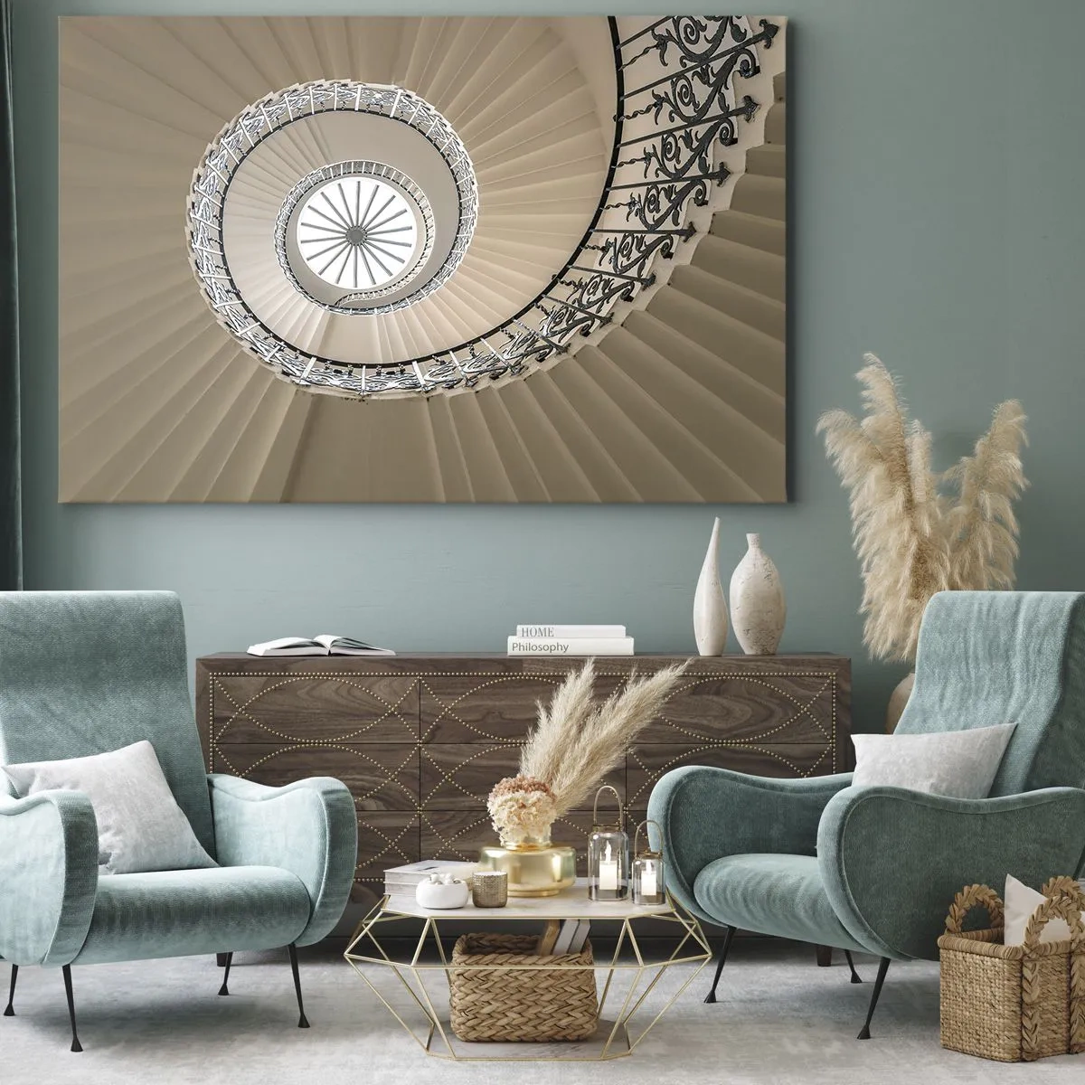Tablou pe pânză Canvas - Scară în spirală într-o abordare geometrică elegantă - 70x50cm - În interiorul cochiliei - Decorațiune modernă pentru perete pentru living și dormitor ARTTOR