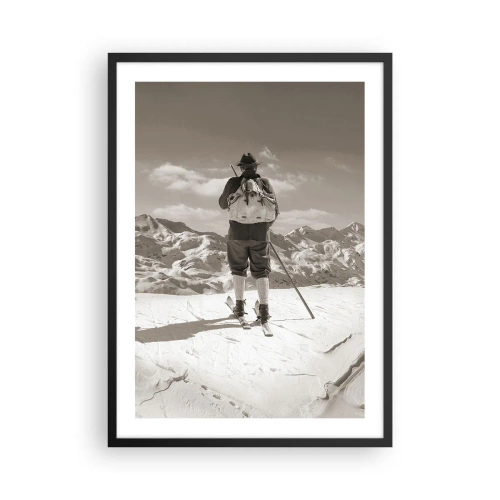 Poster în ramă neagră - Un schior în stil retro cu munți în fundal - 50x70cm - Și munții sunt la fel - Decorațiune modernă pentru perete pentru living și dormitor ARTTOR