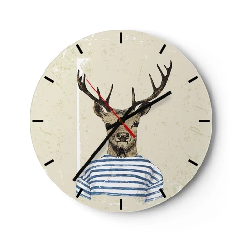 Ceas de perete - Ceas pe sticlă - Un cerb de desene animate în haine cu dungi pe un fundal bej - 30x30cm - Pentru că îmi plac cămășile cu dungi! - Decorațiune modernă pentru perete pentru living, bucătărie și dormitor ARTTOR