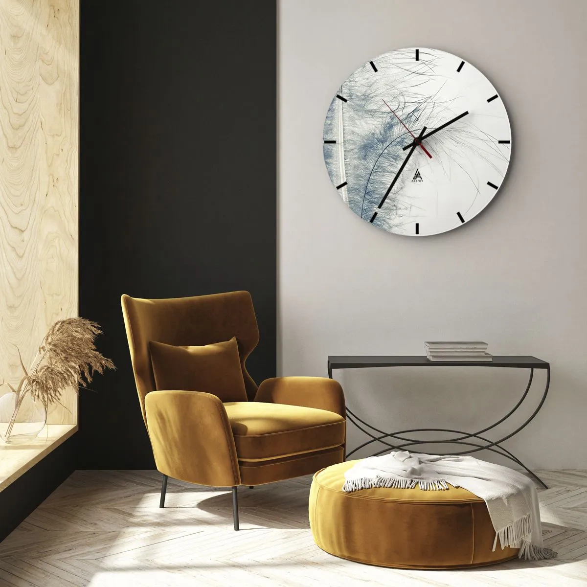 Ceas de perete - Ceas pe sticlă - O pană albastră delicată pe un fundal deschis - 30x30cm - Șoapta naturii - Decorațiune modernă pentru perete pentru living, bucătărie și dormitor ARTTOR