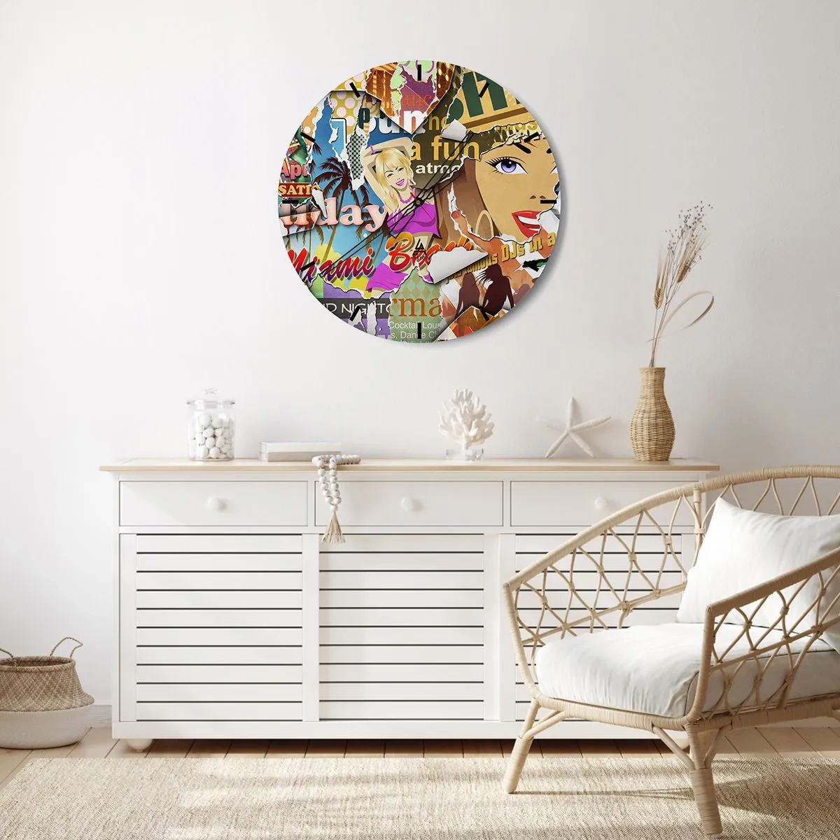 Ceas de perete - Ceas pe sticlă - O compoziție colorată de postere în stil retro - 30x30cm - Flashback-uri de vacanță - Decorațiune modernă pentru perete pentru living, bucătărie și dormitor ARTTOR