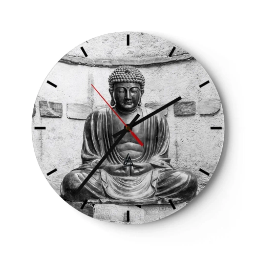 Ceas de perete - Ceas pe sticlă - O statuie a lui Buddha în stil monocrom pe un fundal de perete - 30x30cm - La sursa păcii - Decorațiune modernă pentru perete pentru living, bucătărie și dormitor ARTTOR