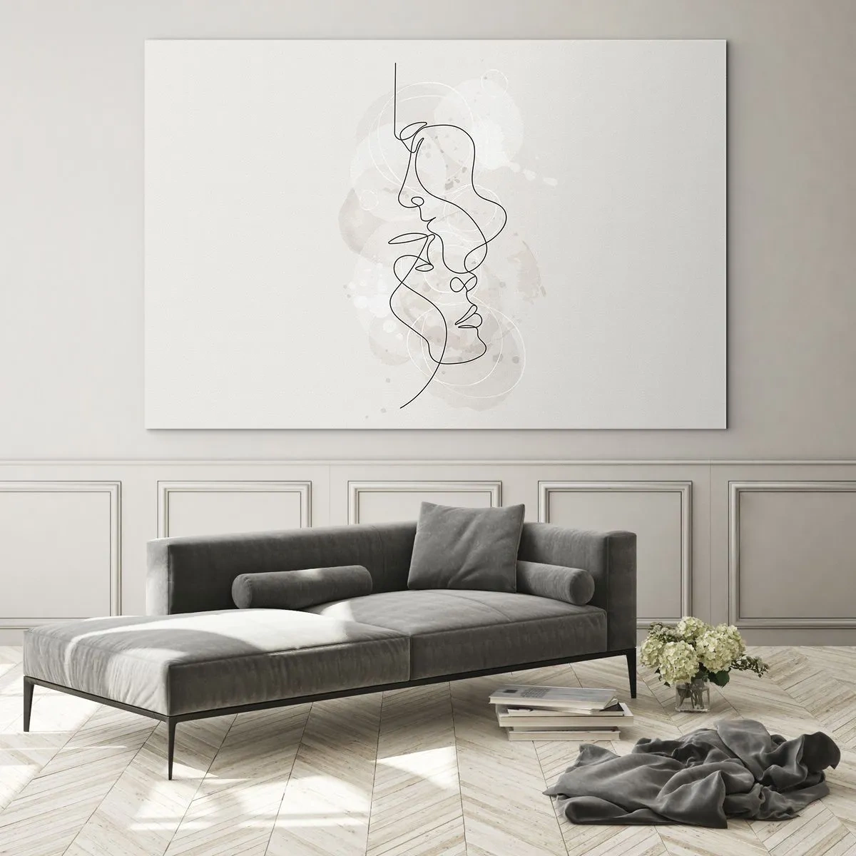 Tablou pe sticlă - Un desen minimalist al fețelor a două persoane într-o îmbrățișare subtilă și senzuală. - 70x50cm - Încurcați într-o îmbrățișare - Decorațiune modernă pentru perete pentru living și dormitor ARTTOR