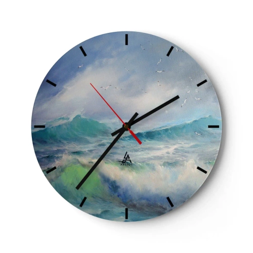 Ceas de perete - Ceas pe sticlă - O imagine a valurilor mării cu pescăruși pe un cer albastru - 30x30cm - Vârtejul a gemut de triumf... - Decorațiune modernă pentru perete pentru living, bucătărie și dormitor ARTTOR