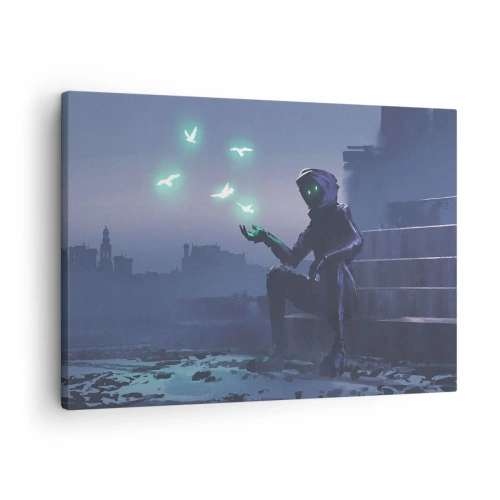 Tablou pe pânză Canvas - O figură cu glugă și păsări magice în fundalul unui oraș - 70x50cm - Viața se va întoarce - Decorațiune modernă pentru perete pentru living și dormitor ARTTOR