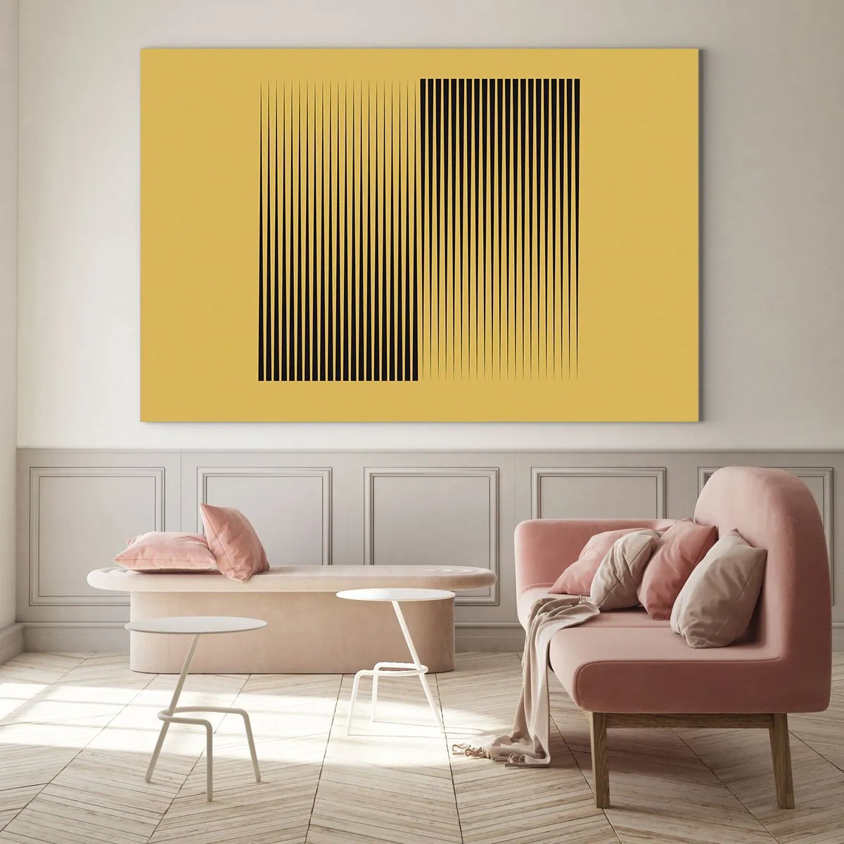 Tablou pe sticlă - Liniile verticale negre creează o iluzie geometrică - 70x50cm - Pătratul contrariilor - Decorațiune modernă pentru perete pentru living și dormitor ARTTOR