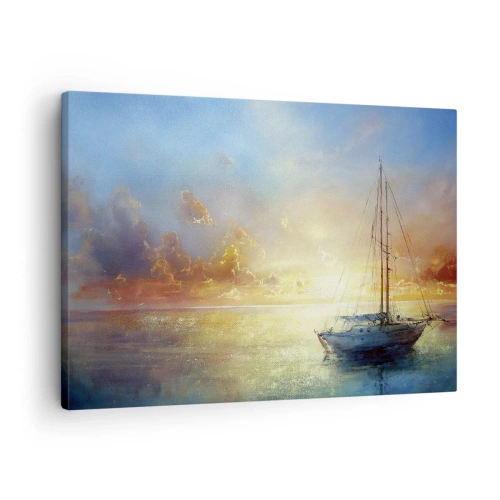 Tablou pe pânză Canvas - Un iaht pe o mare calmă la apus - 70x50cm - Într-un golf de aur - Decorațiune modernă pentru perete pentru living și dormitor ARTTOR