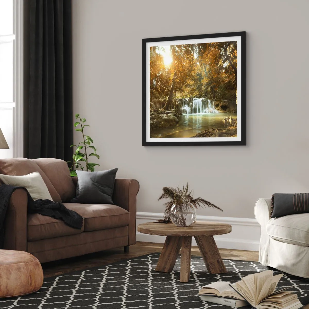 Poster în ramă neagră - Cascadă în parc - 40x40 cm