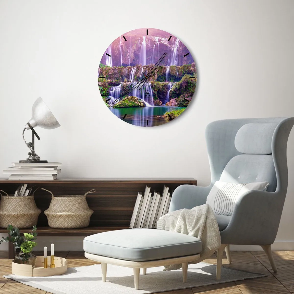 Ceas de perete - Ceas pe sticlă - O cascadă înconjurată de verdeață cu reflexii de lumină într-o nuanță roz - 30x30cm - Scara către cer - Decorațiune modernă pentru perete pentru living, bucătărie și dormitor ARTTOR