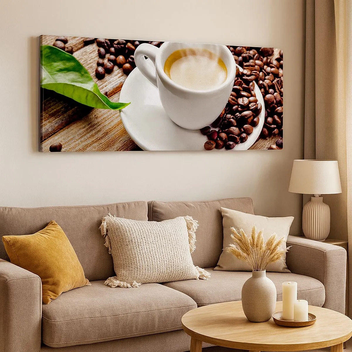Tablou pe pânză - Cafea pe bancă - 100x40 cm