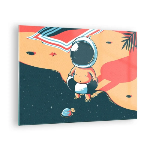 Tablou pe sticlă - Figură de astronaut pe o plajă cu un peisaj cosmic - 70x50cm - Dintr-o perspectivă diferită - Decorațiune modernă pentru perete pentru living și dormitor ARTTOR