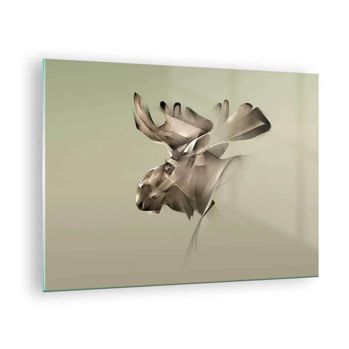 Tablou pe sticlă - O imagine modernă a unui elan pe un fundal verde - 70x50cm - Puterea blândă a calmului - Decorațiune modernă pentru perete pentru living și dormitor ARTTOR