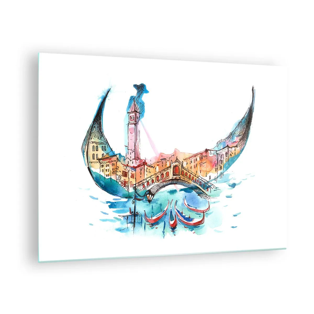 Tablou pe sticlă - Panoramă în acuarelă a Veneției sub formă de mască - 70x50cm - Croazieră prin oraș - Decorațiune modernă pentru perete pentru living și dormitor ARTTOR