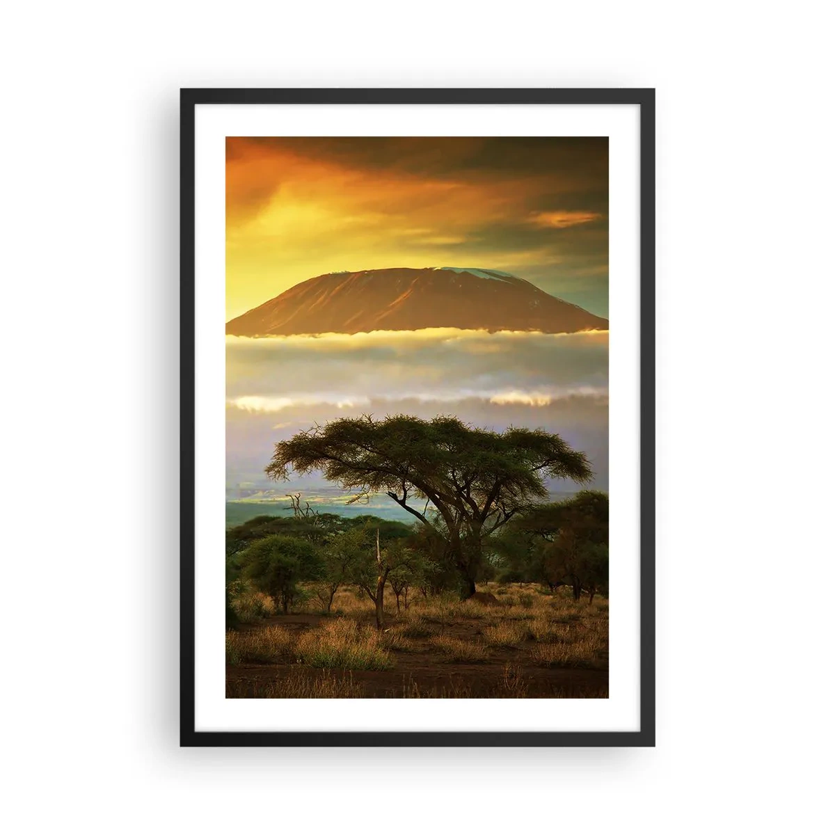 Poster în ramă neagră - Kilimanjaro la apus în savana africană - 50x70cm - Visul unui călător - Decorațiune modernă pentru perete pentru living și dormitor ARTTOR