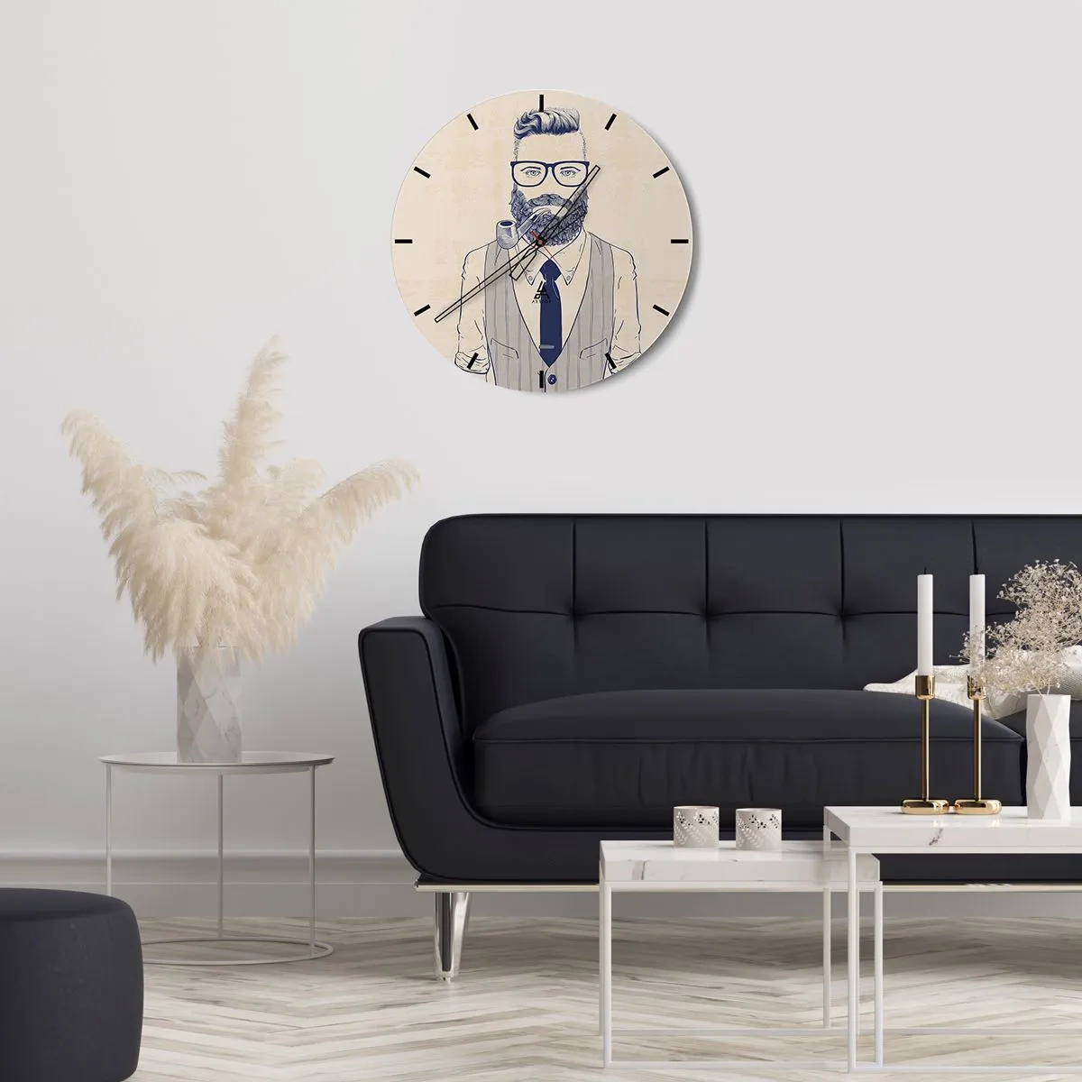 Ceas de perete - Ceas pe sticlă - Imagine hipster cu un bărbat cu barbă și o pipă - 30x30cm - Vesel, masculin și la modă - Decorațiune modernă pentru perete pentru living, bucătărie și dormitor ARTTOR