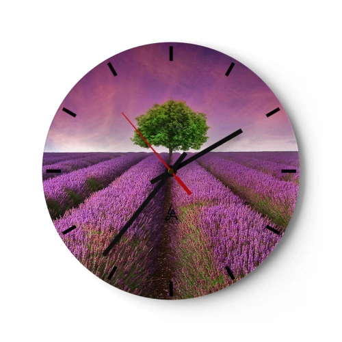 Ceas de perete - Ceas pe sticlă - Un câmp de lavandă cu un copac singuratic pe un cer colorat - 30x30cm - În câmpurile de lavandă - Decorațiune modernă pentru perete pentru living, bucătărie și dormitor ARTTOR