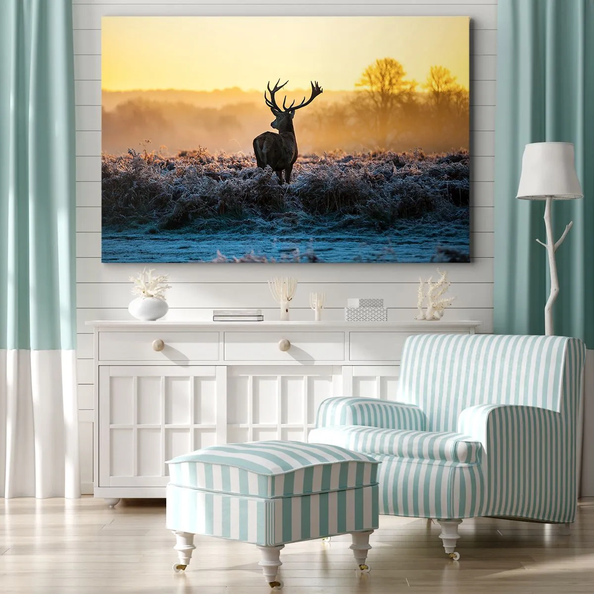 Tablou pe pânză Canvas - O căprioară într-o poiană înghețată la răsărit - 70x50cm - Încoronat pe domeniul său - Decorațiune modernă pentru perete pentru living și dormitor ARTTOR