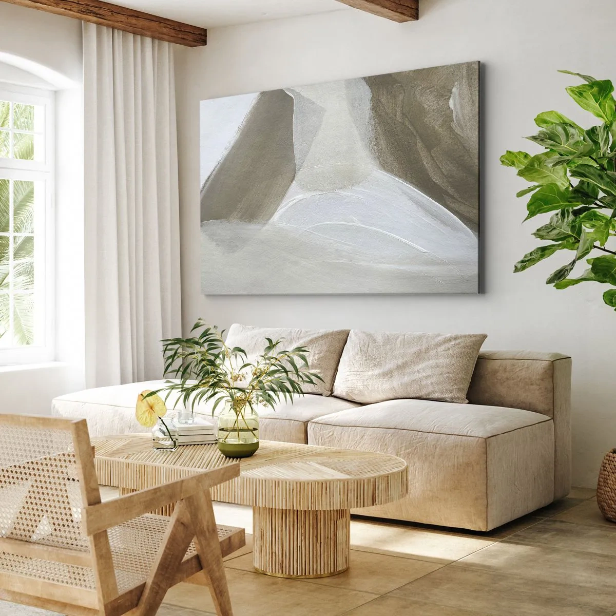 Tablou pe pânză Canvas - Abstracție delicată în nuanțe de bej și alb - 70x50cm - Val de alb - Decorațiune modernă pentru perete pentru living și dormitor ARTTOR