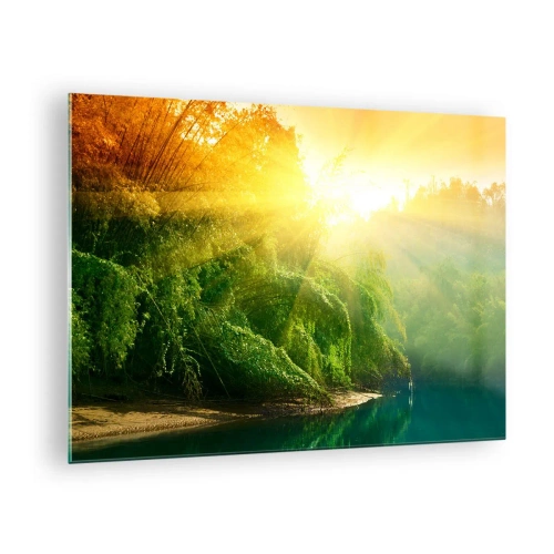 Tablou pe sticlă - Raze de soare peste vegetația verde de lângă râu - 70x50cm - Scufundare în soare și umbră - Decorațiune modernă pentru perete pentru living și dormitor ARTTOR