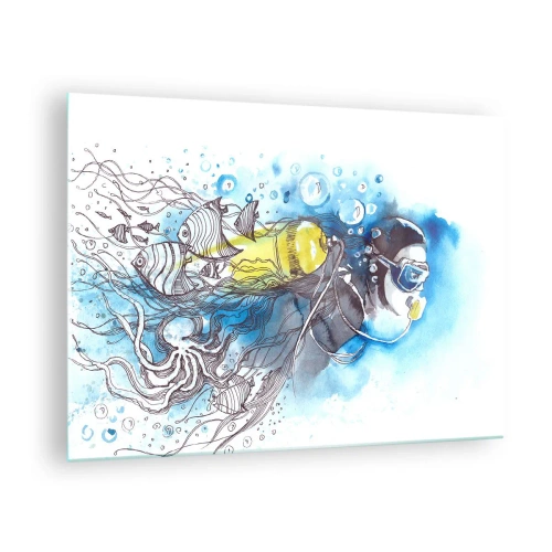 Tablou pe sticlă - Scafandru sub apă cu pești în acuarelă artistică - 70x50cm - Marele albastru - Decorațiune modernă pentru perete pentru living și dormitor ARTTOR