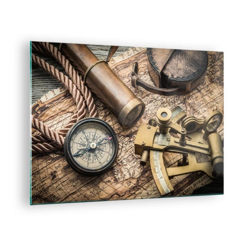 Tablou pe sticlă - Busolă, hartă și instrumente de navigație în stil retro - 70x50cm - Stabilește cursul - Decorațiune modernă pentru perete pentru living și dormitor ARTTOR
