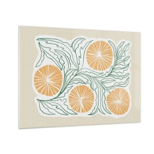 Tablou pe sticlă - Fructe portocalii și frunze verzi într-o compoziție grafică - 70x50cm - Etnic cu o notă de abstracție - Decorațiune modernă pentru perete pentru living și dormitor ARTTOR