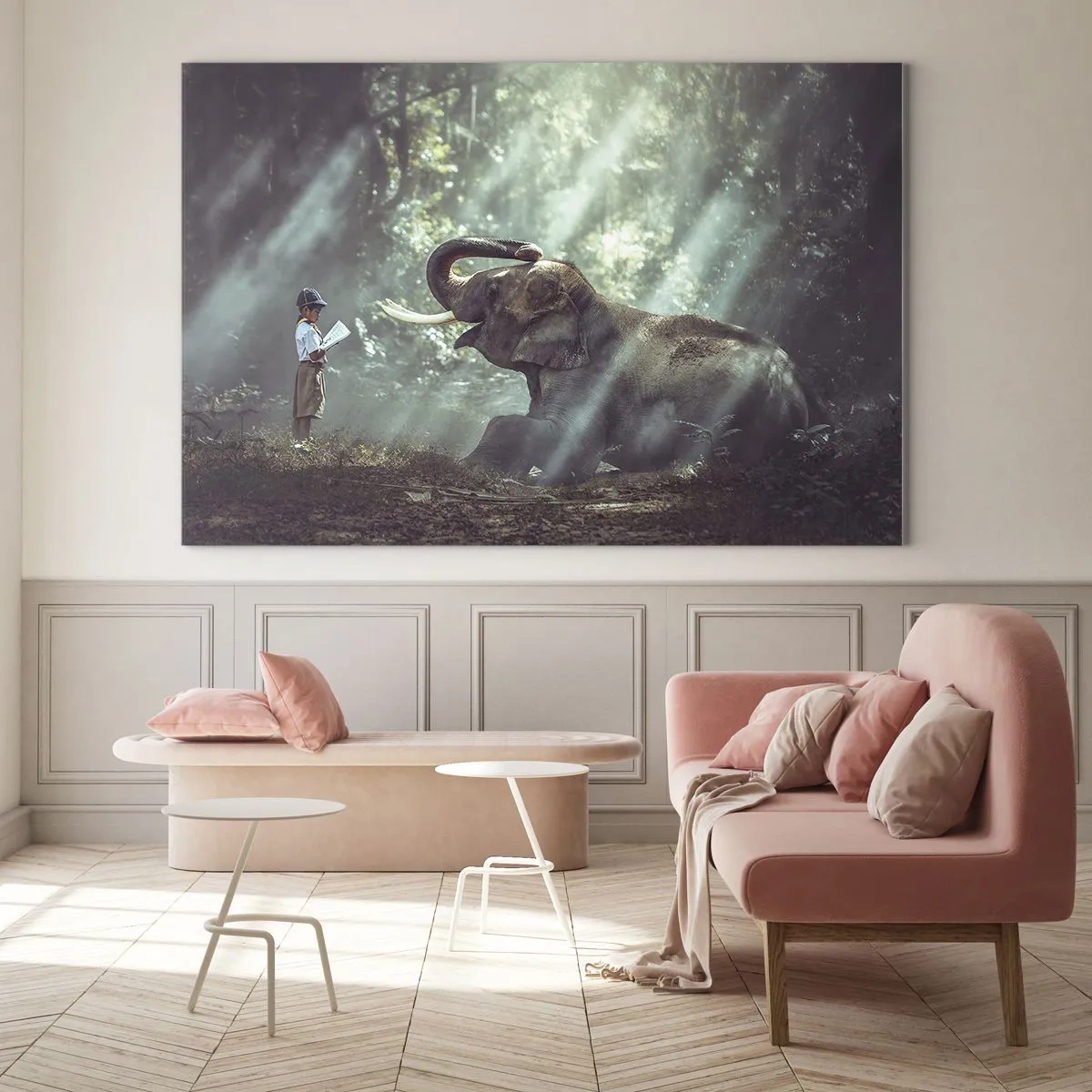 Tablou pe sticlă - Un băiat cu o carte și un elefant într-un cadru de pădure - 70x50cm - Și ascultă asta... - Decorațiune modernă pentru perete pentru living și dormitor ARTTOR
