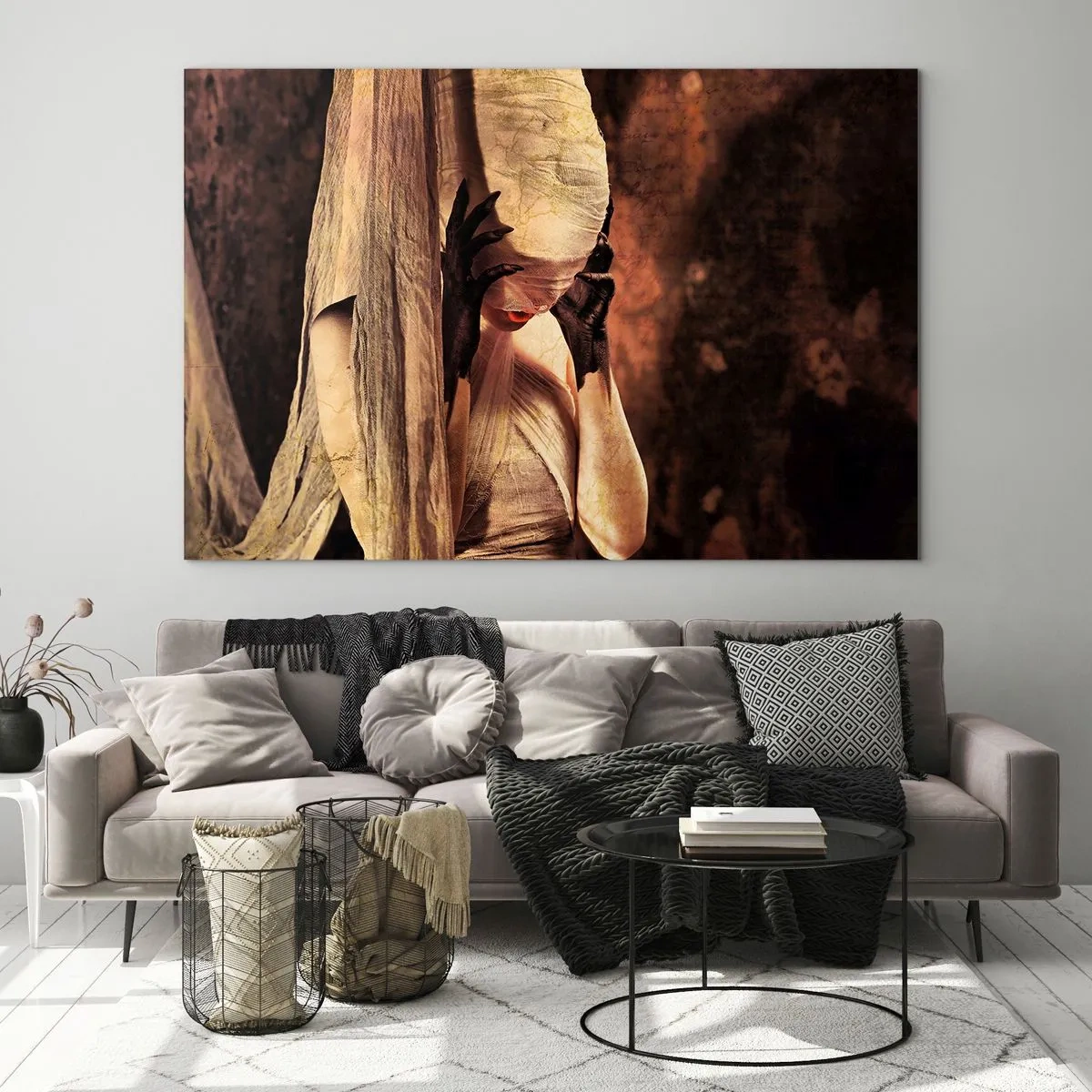 Tablou pe sticlă - O femeie misterioasă înconjurată de țesături aurii - 70x50cm - Între bine și rău - Decorațiune modernă pentru perete pentru living și dormitor ARTTOR