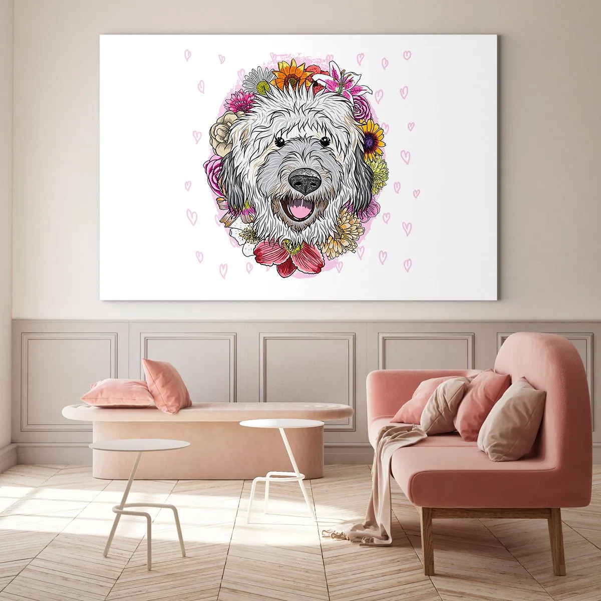 Tablou pe sticlă - Ilustrație a unui câine înconjurat de flori - 70x50cm - Bucuria cățelușului - Decorațiune modernă pentru perete pentru living și dormitor ARTTOR