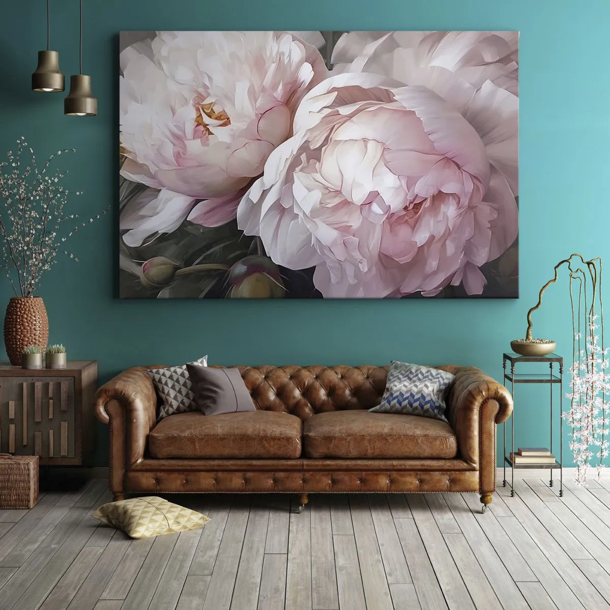 Tablou pe pânză Canvas - Bujori roz delicați în plină floare - 70x50cm - Oprit din înflorire - Decorațiune modernă pentru perete pentru living și dormitor ARTTOR